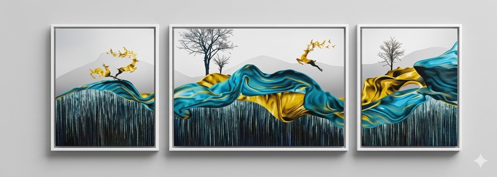 Modern Abstract Teal & Gold Triptych Landscape (50*70*70)