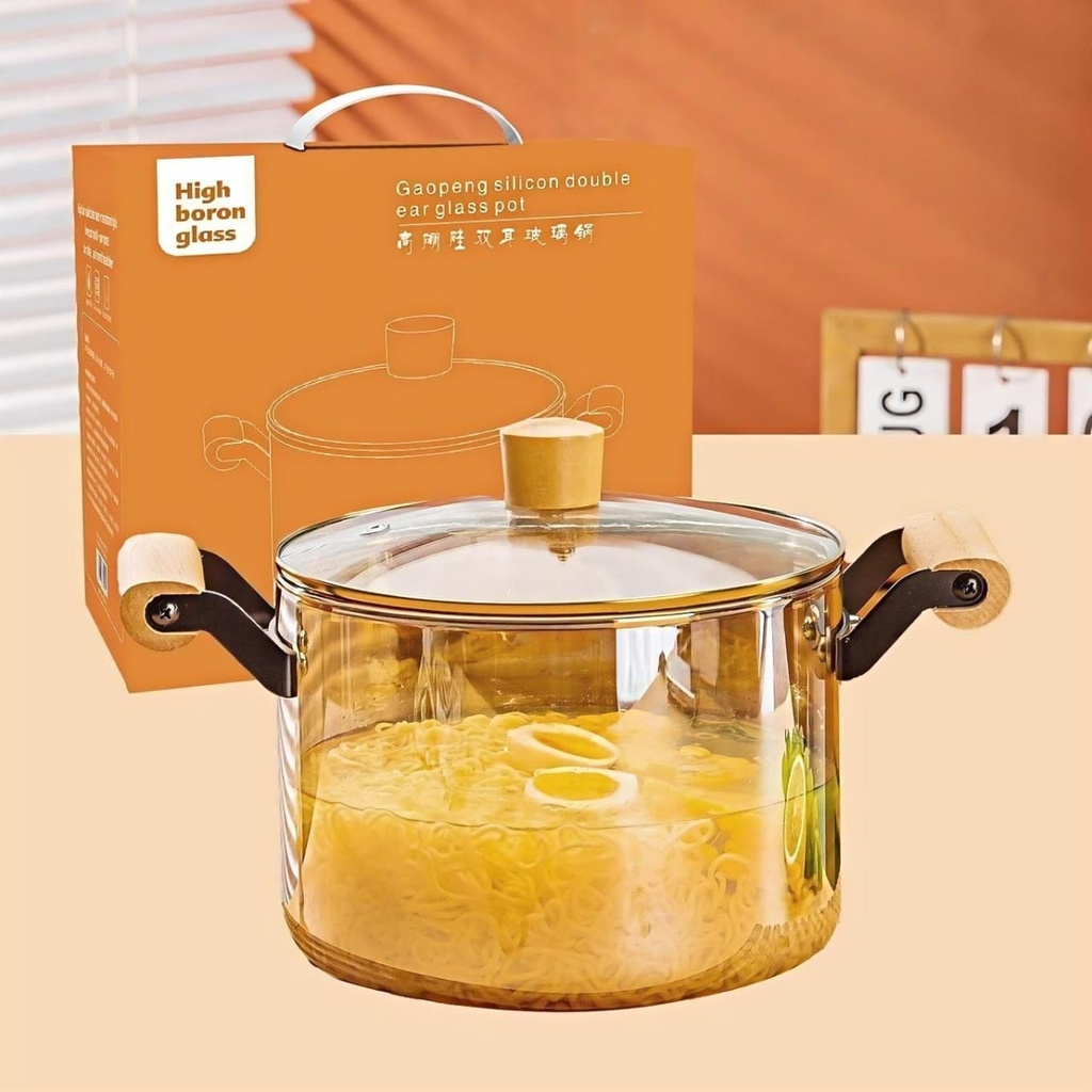 5.5-liter glass pot with wooden handle and two handles