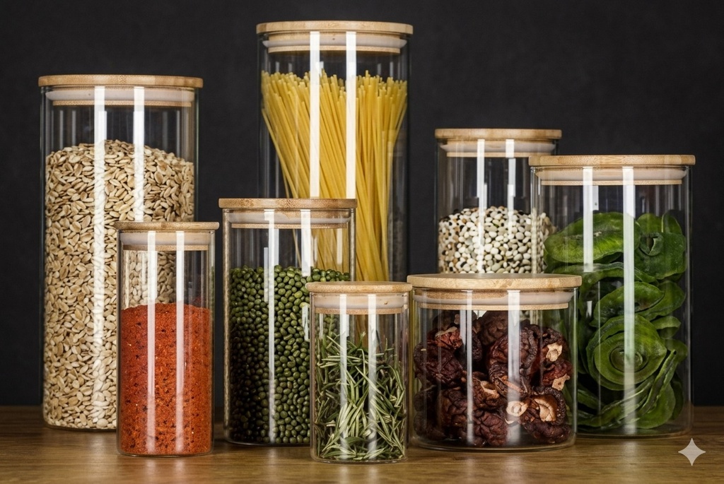 borosilicate glass storage jars with airtight bamboo lids 10*25 cm