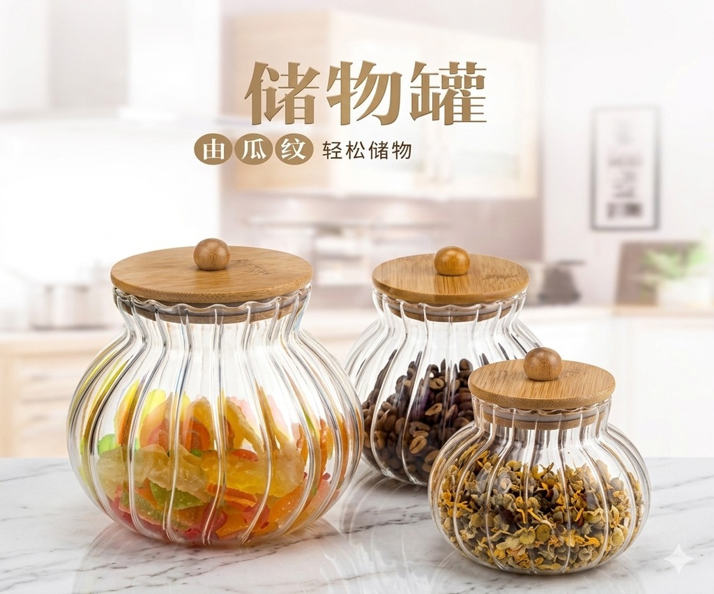 pumpkin-shaped ribbed glass storage jars with bamboo lids 9.5*15.5 cm