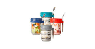 overnight oats glass jars with measurement marks and spoon holders